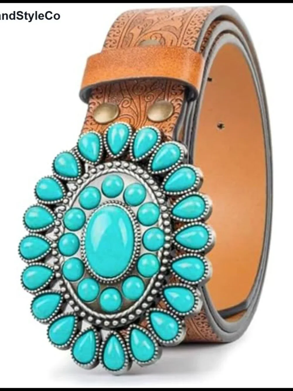 Western PU Leather Belt with Turquoise Buckle, Detachable Cowgirl Belt for